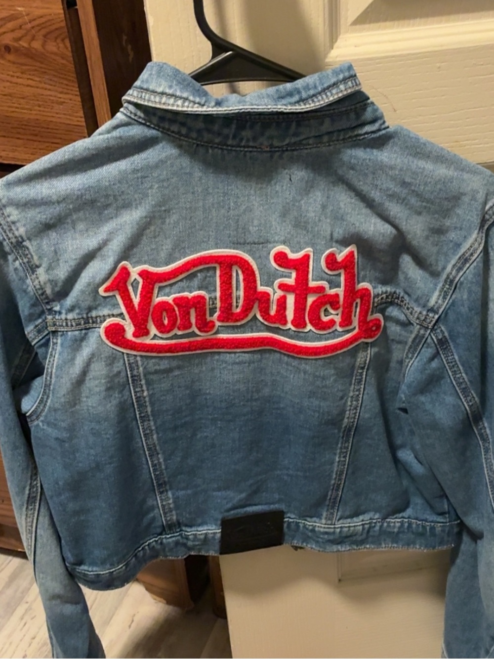 Von Dutch Light Blue Cropped Denim Jacket with Red Script Logo